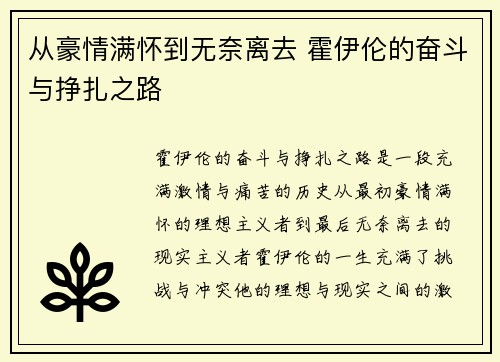 从豪情满怀到无奈离去 霍伊伦的奋斗与挣扎之路