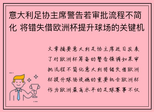 意大利足协主席警告若审批流程不简化 将错失借欧洲杯提升球场的关键机会